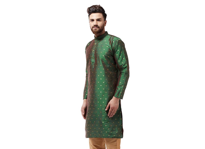 Sojanya (Since 1958 Men'S Silk Blend Dark Green Printed Only Long Kurta, Size 40 - Image 3